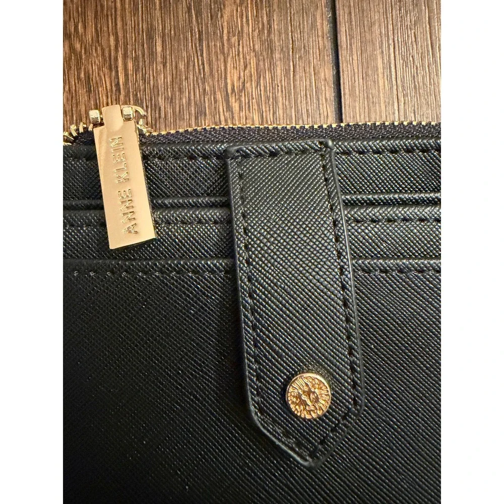 Anne Klein Black Saffiano Vegan Leather Slim Card Case Zip Wallet Gold Hardware
